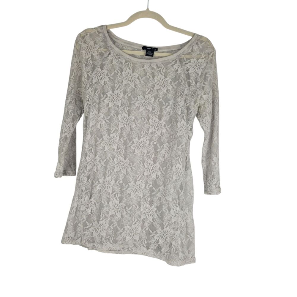 DKNY Jeans Top Sheer Lace 3/4 Sleeve Scoop Neck Tunic Gray Silver size Small